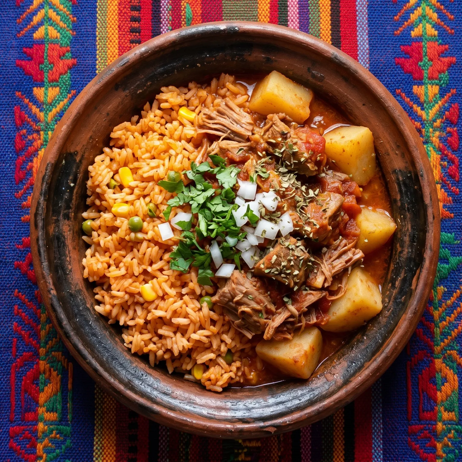 Arroz Rojo en Pierna de Cerdo con Papas y salsa de Tomate