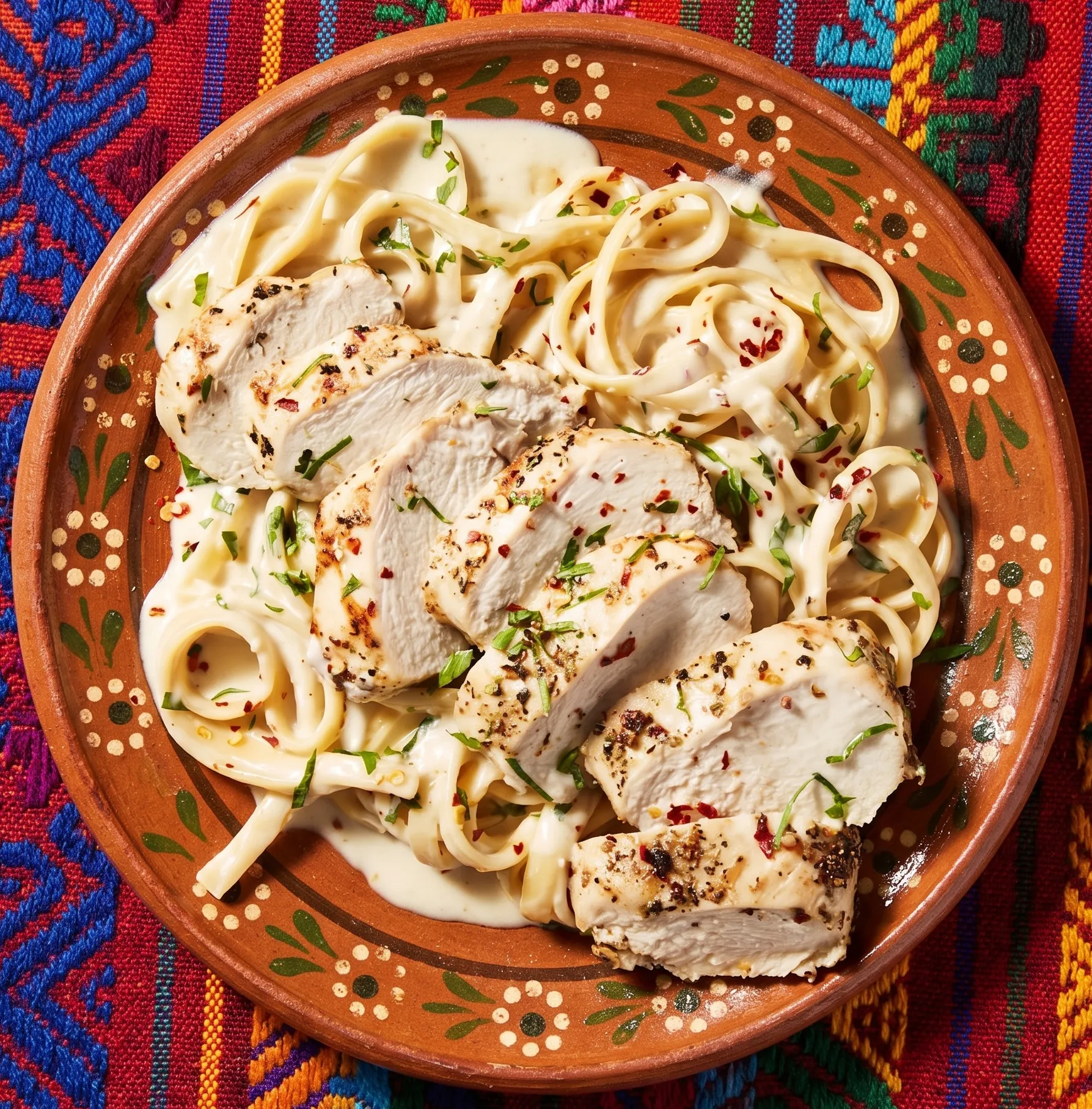 Fideos Trufados Alfredo con Pechuga de Pollo a la Parrilla