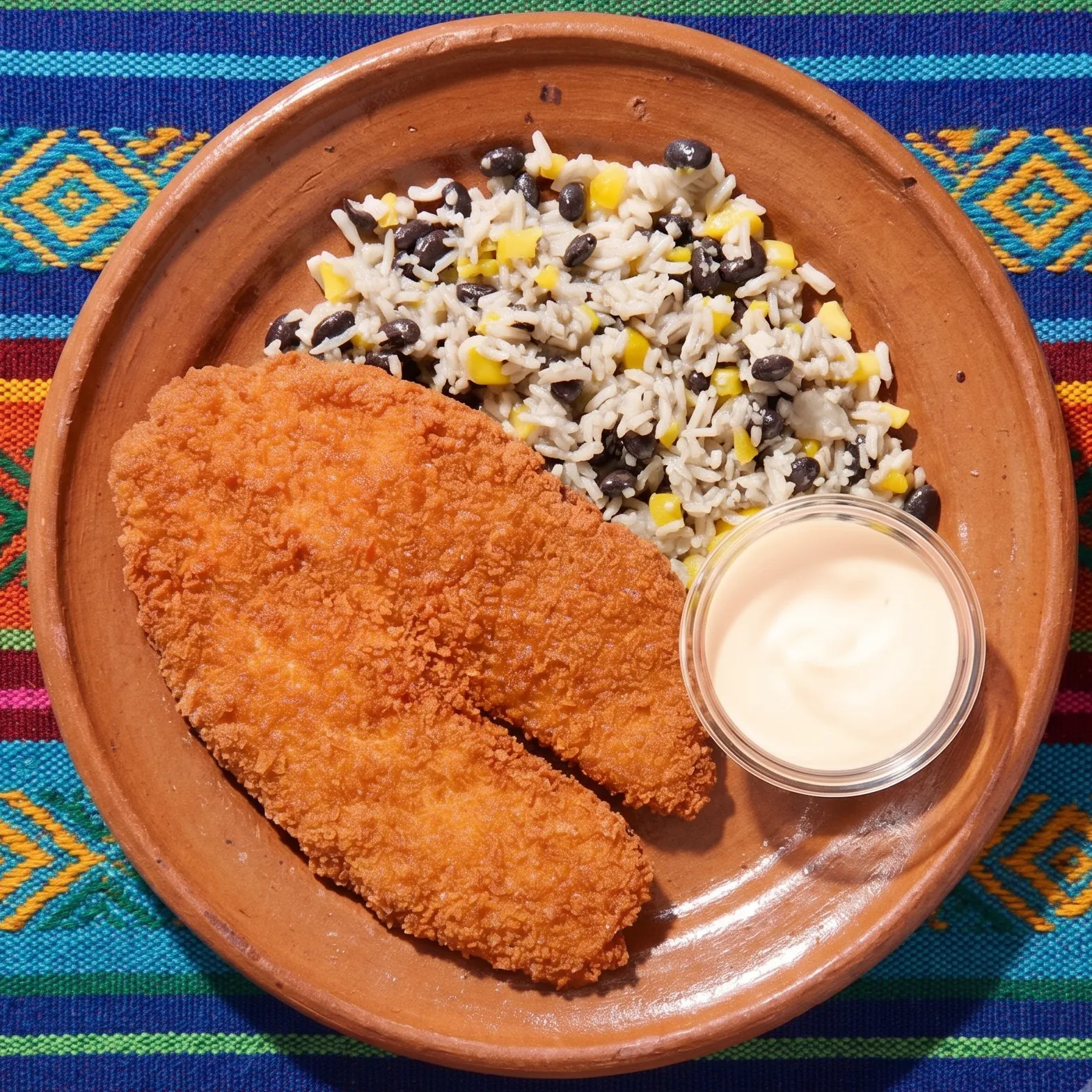 Filete de Tilapia Empanizado con Arroz, Frijol al Sartén y Mayonesa de Chile Manzano
