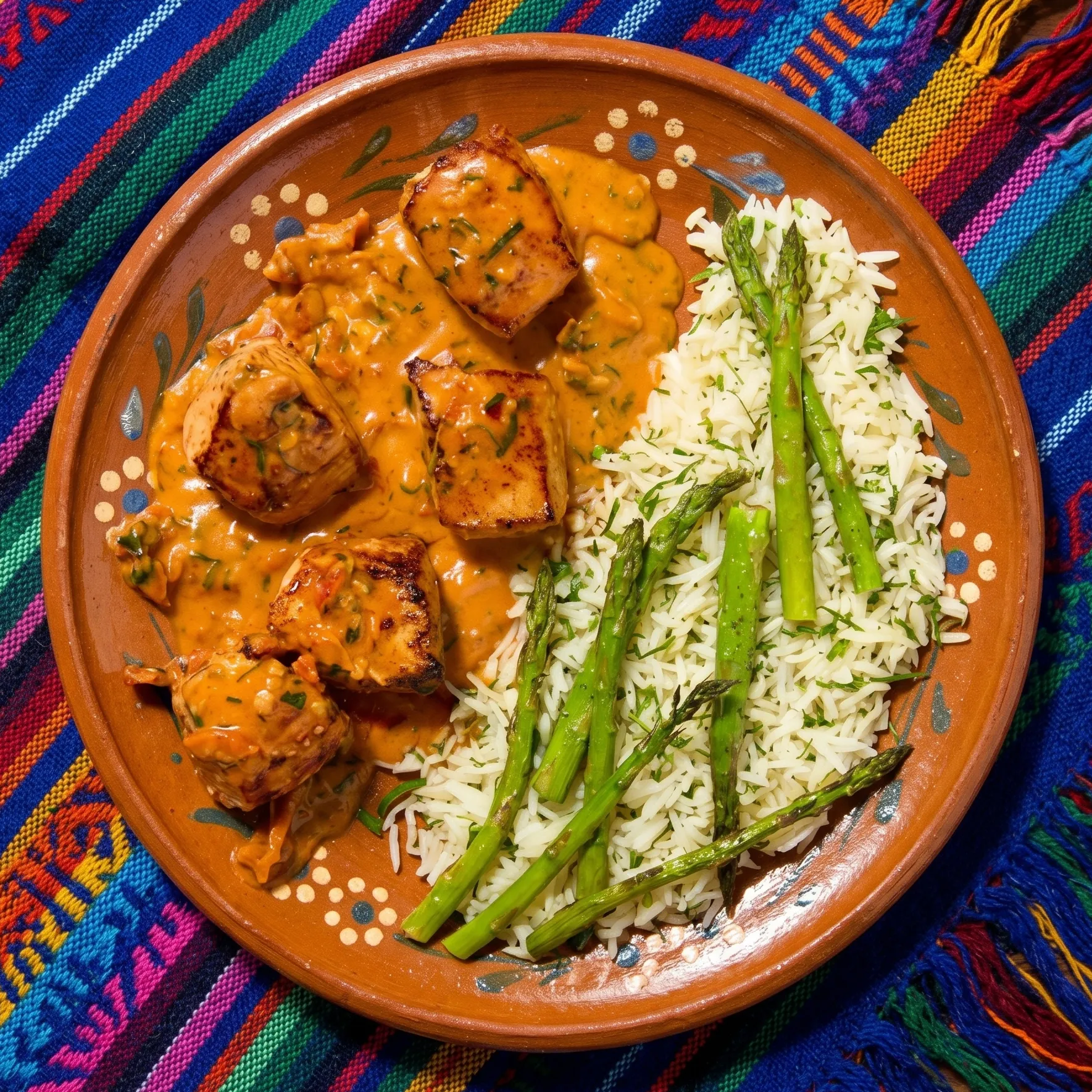 Pechuga de Pollo en Salsa Cremosa de Jitomate Deshidratado con Arroz Basmati y Espárragos Asados