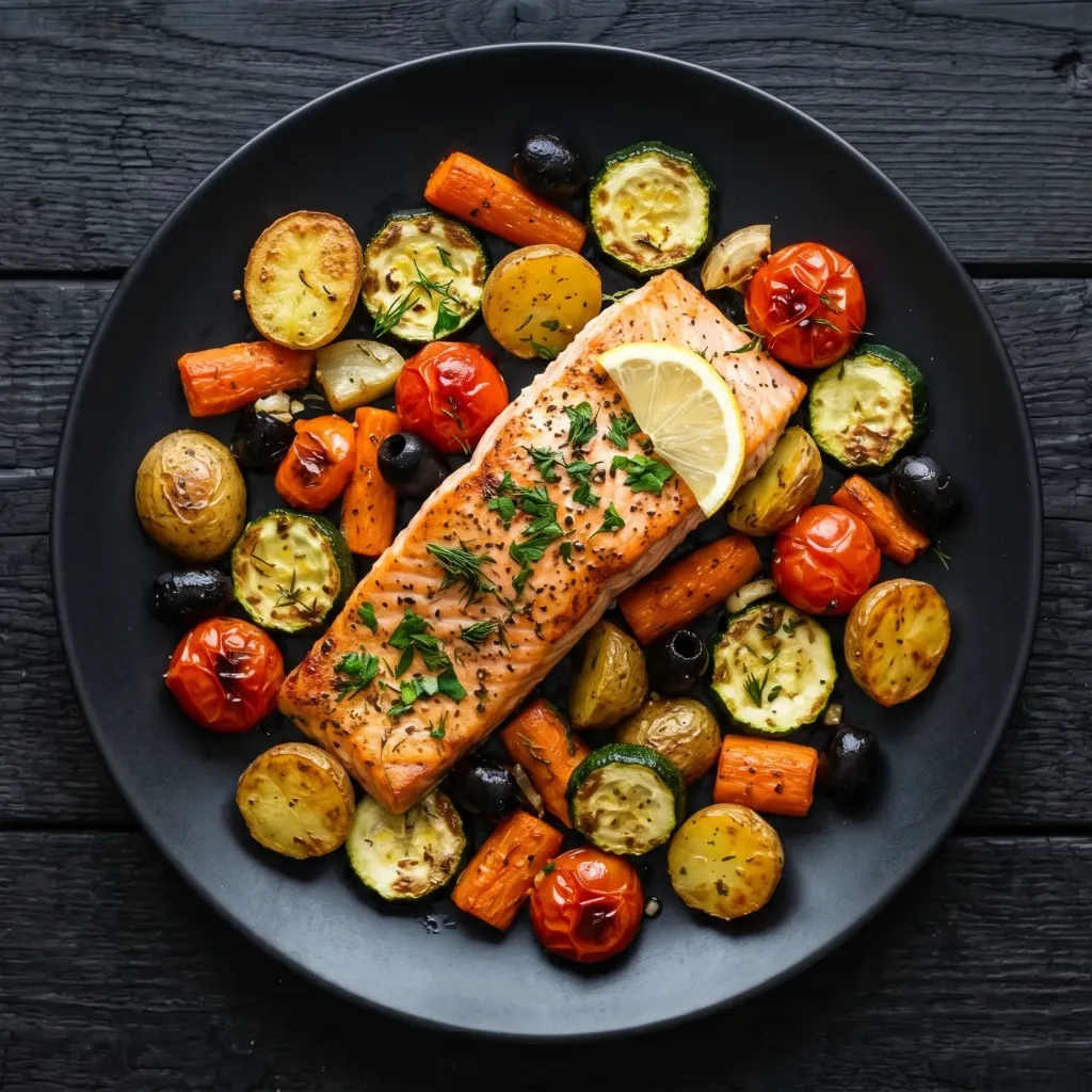 Salmón con Verduras y Papas al horno